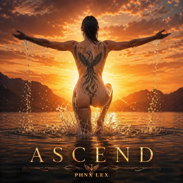 ASCEND album cover: a figure with a phoenix tattoo rising from a lake at sunset with arms open wide