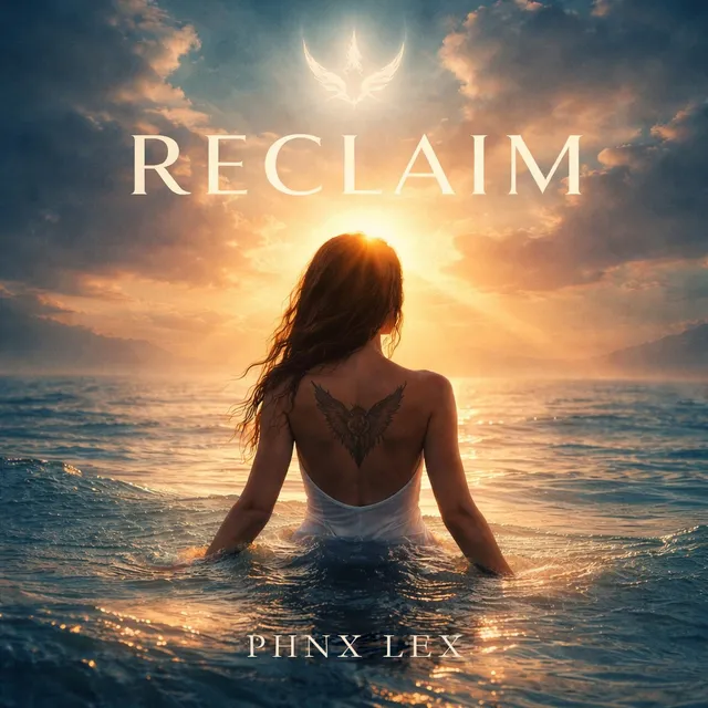 RECLAIM album cover: a figure standing in the sea facing a pale gold sunrise, with a winged mark in the clouds